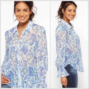 NWT MILLY Blue White lacey sketched paisley blouse in white multi Sz S